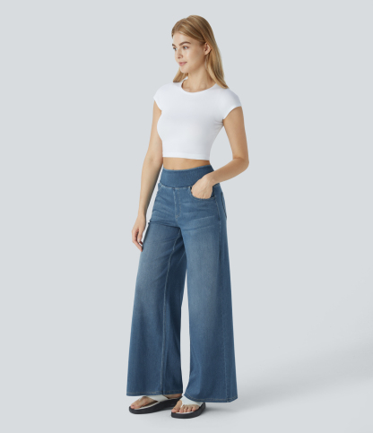 FlexHigh Waisted Pockets Baggy Wide Leg Washed Casual Jeans