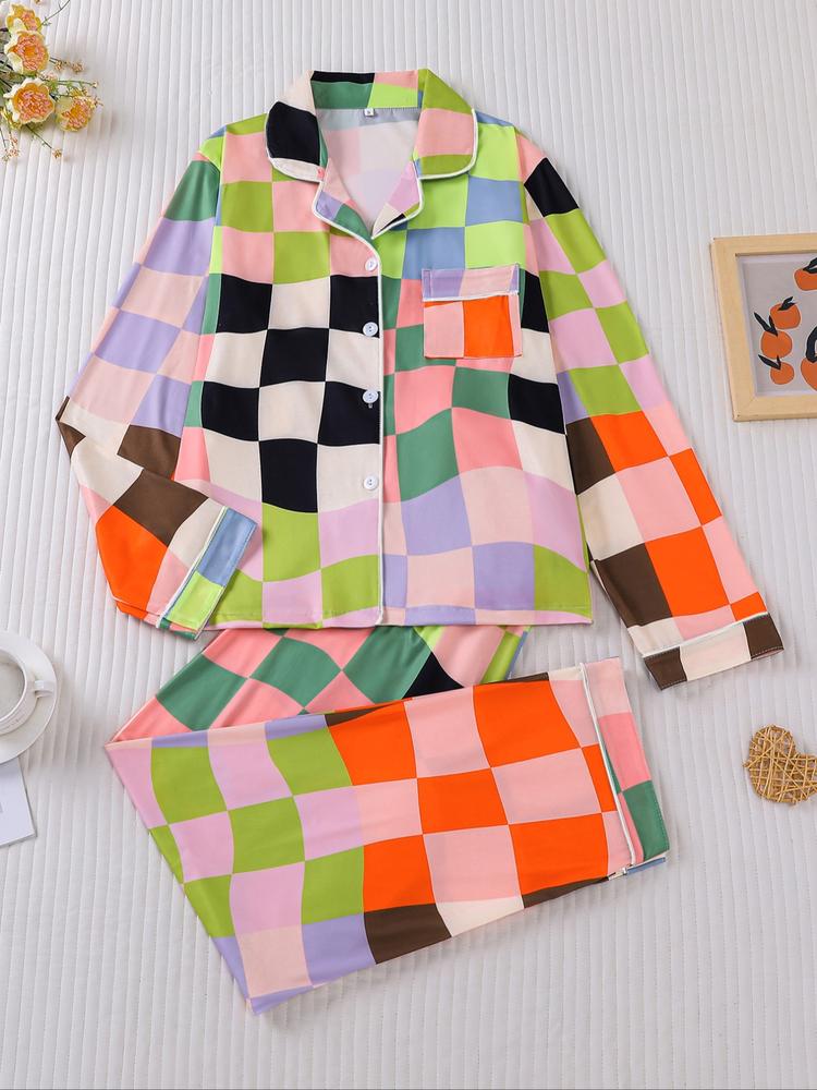 Women's Plaid Pajama Set, Holiday Party Sleepwear, Soft Shirt Collar Top & Elastic Pants, Casual Home Wear, Fall Winter Fashion