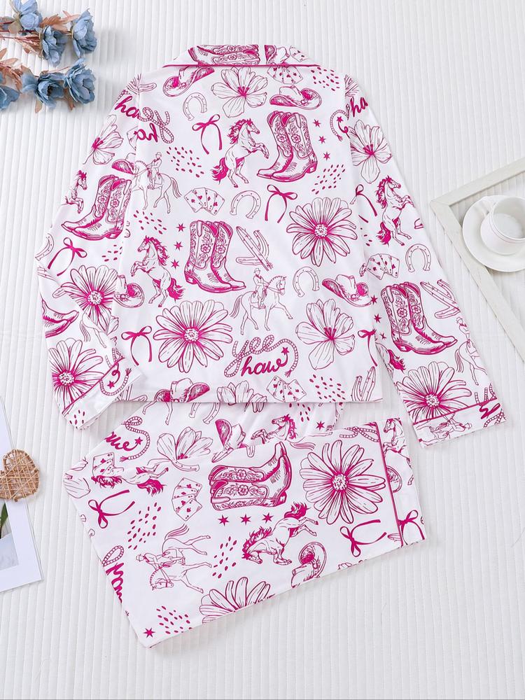 Women's 2-Piece Pajama Set, Hunter Boot Print, Holiday Party Sleepwear, Soft Shirt Collar Top & Elastic Pants, Casual Home Wear