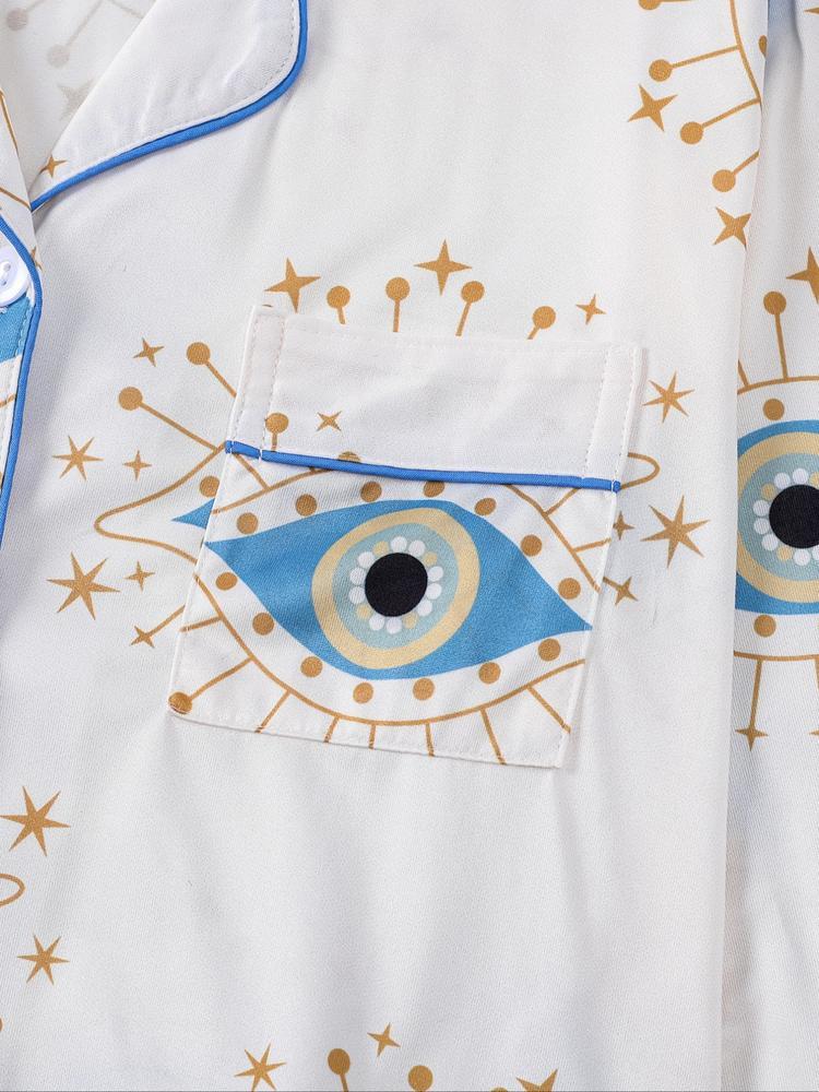 Women's Sleepwear Set, Eye Pattern Print, Holiday Party Pajamas, Soft Shirt Collar Top & Elastic Pants, Casual Home Wear