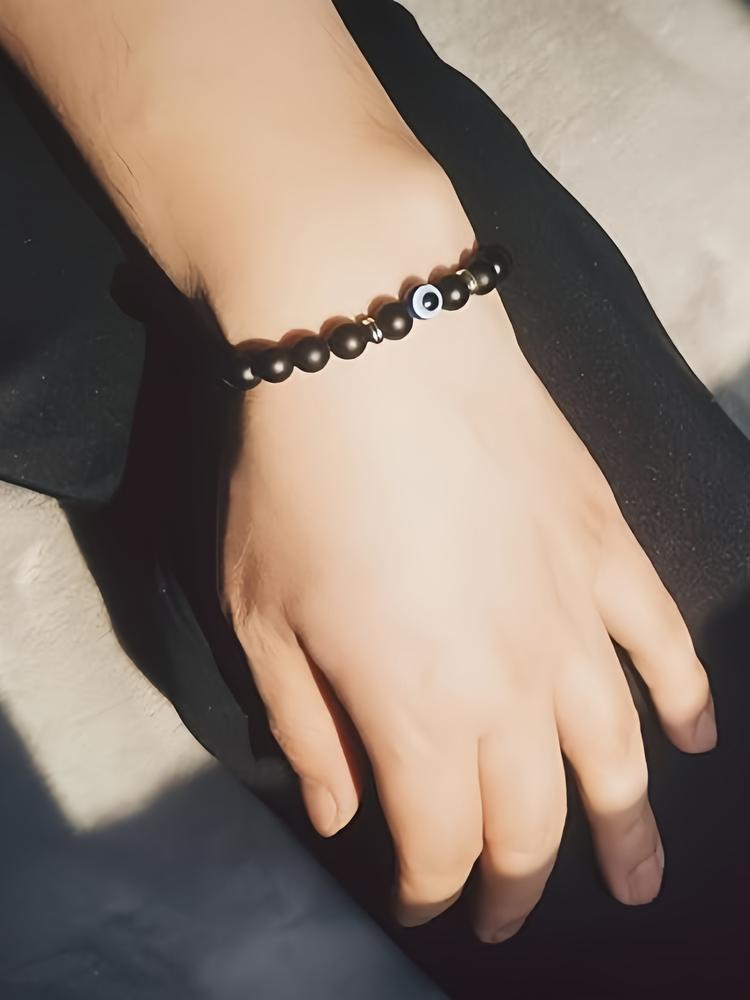 1PC Handmade Natural Stone Bracelet with Evil Eye Pendant, Vintage Bohemian Style Jewelry Gift Set with Good Luck Card Included