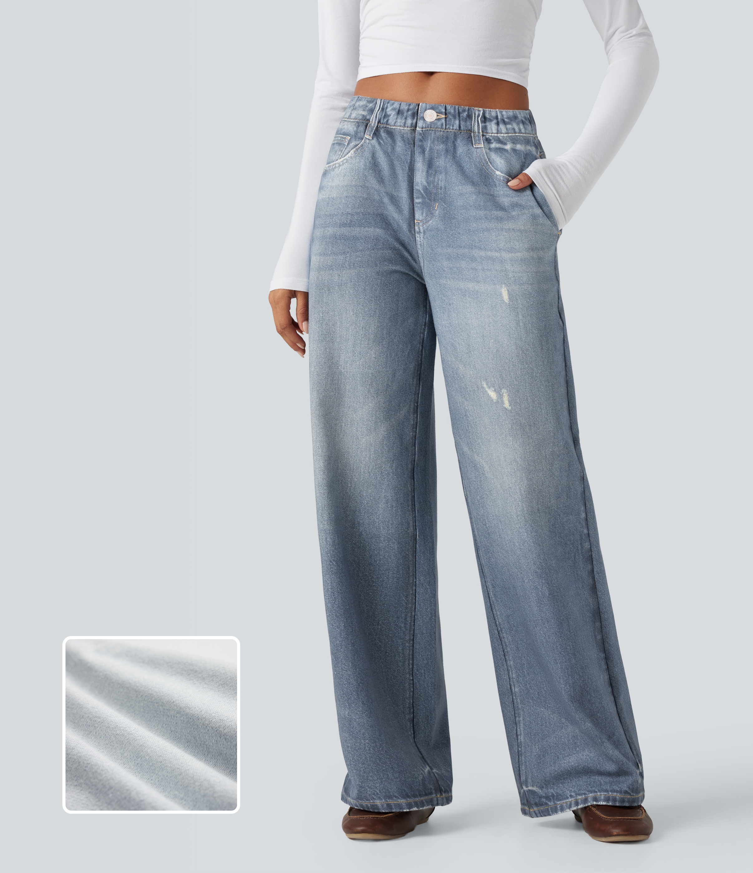 FlexMid Rise Wide Leg Casual French Terry Baggy Sweatpants Jeans with Pockets