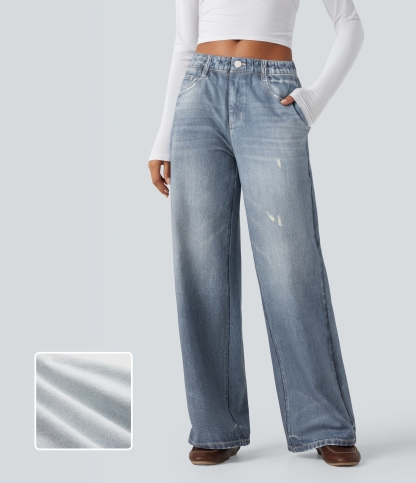 FlexMid Rise Wide Leg Casual French Terry Baggy Sweatpants Jeans with Pockets