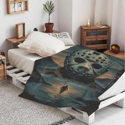 1pc Horror-Themed Flannel Blanket – Soft Polyester With Jason Voorhees Design, Perfect For Home Decor, Outdoor Adventures, Valentine’s Day, Thanksgiving, And Christmas, Man Woman Gift, Halloween Blanket Spooky Plush Movie