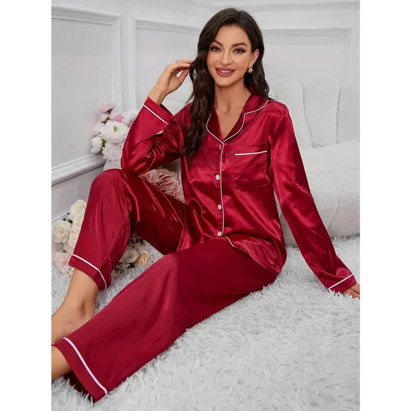Women'S Red Satin Pajama Set - Long Sleeve, Button-Up, Casual Style, Perfect for Fall/Winter, Cozy Home Wear, Cozy Home Wear | Satin Finish | Satin Fabric