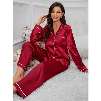 Women'S Red Satin Pajama Set - Long Sleeve, Button-Up, Casual Style, Perfect for Fall/Winter, Cozy Home Wear, Cozy Home Wear | Satin Finish | Satin Fabric