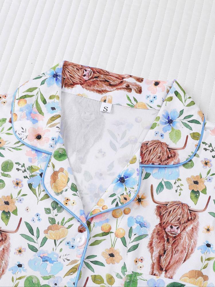 Women's 2-Piece Sleepwear Set, Highland Cow Print, Soft Shirt Collar Top & Elastic Pants, Casual Home Wear for Fall Winter