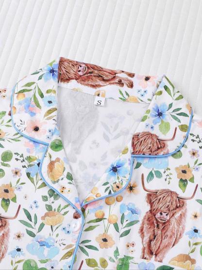 Women's 2-Piece Sleepwear Set, Highland Cow Print, Soft Shirt Collar Top & Elastic Pants, Casual Home Wear for Fall Winter