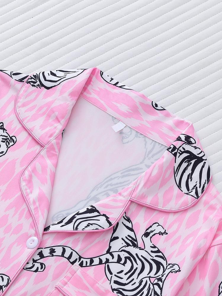 Women's Tiger Print Pajama Set, Fall & Winter Casual Sleepwear, Comfortable Long Sleeve Button-Up Top and Elastic Pants, Home & Outdoor Wear