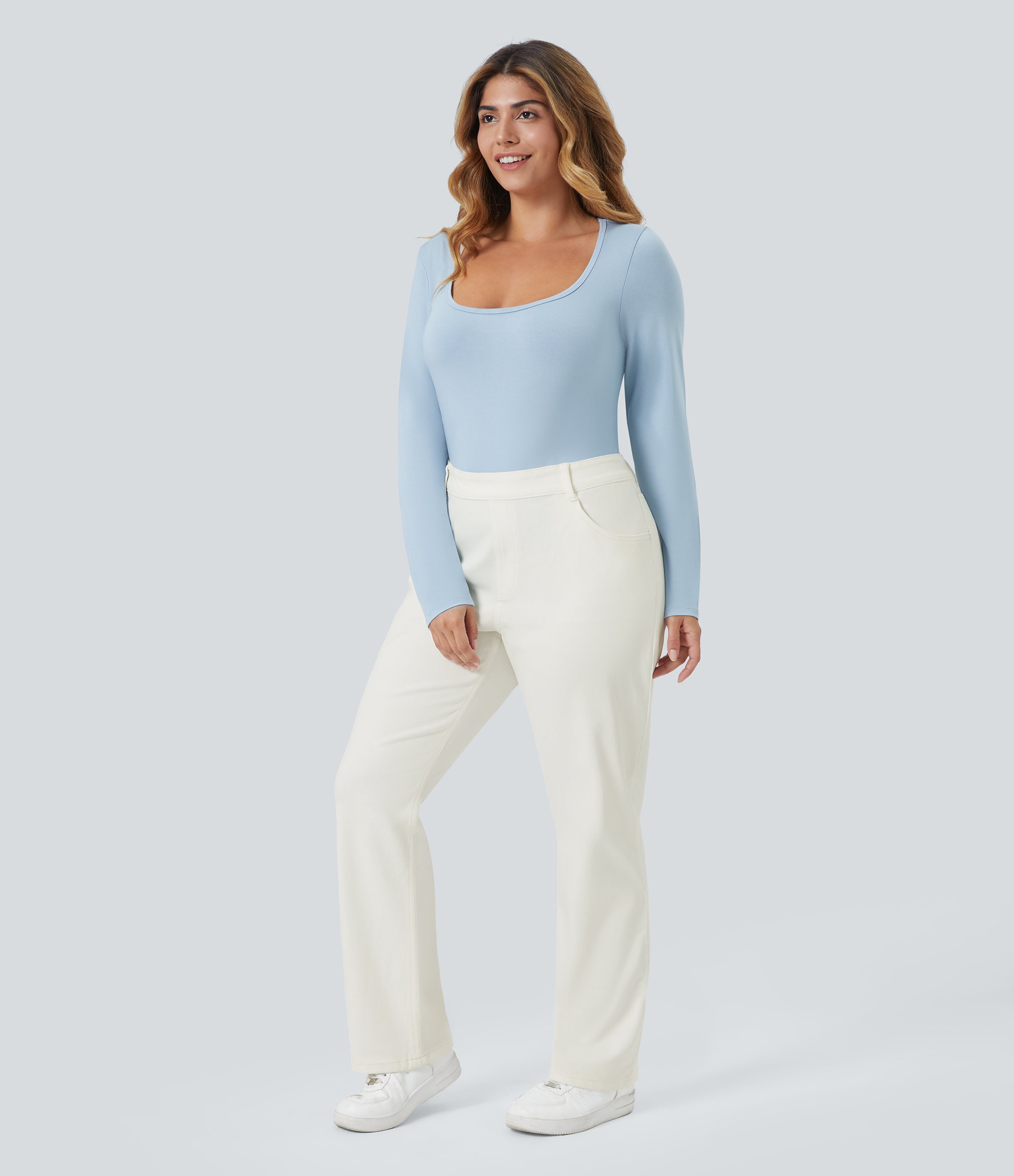 FlexHigh Waisted Pockets Straight Leg Washed Casual Plus Size Jeans