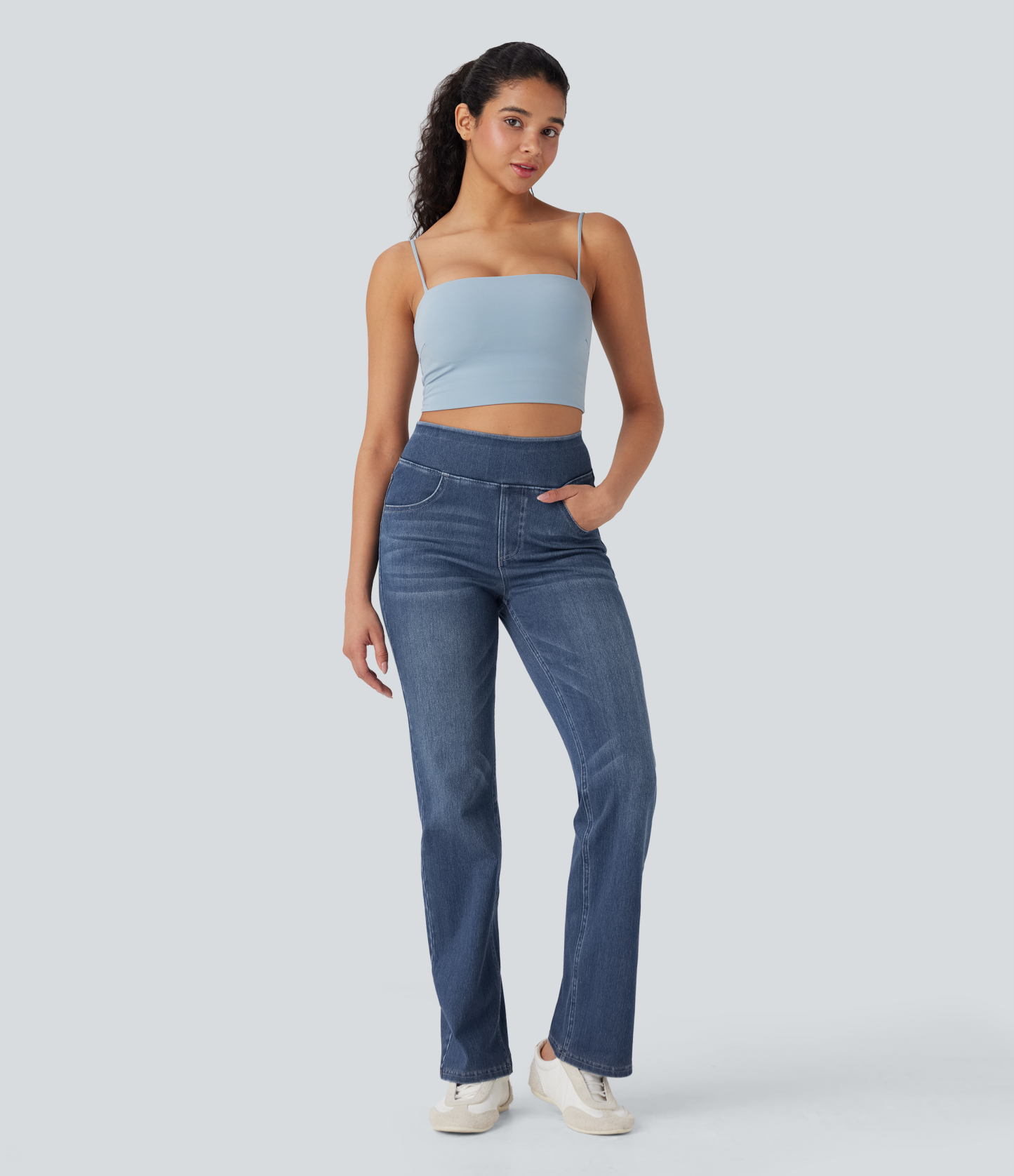 FlexHigh Waisted Washed Casual Bootcut Jeans with Pockets