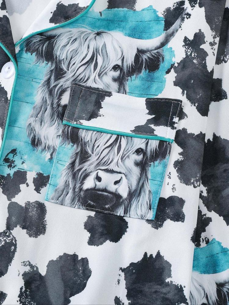 Women's 2-Piece Sleepwear Set, Highland Cow Print, Soft Shirt Collar Top & Elastic Pants, Casual Home Wear for Fall Winter