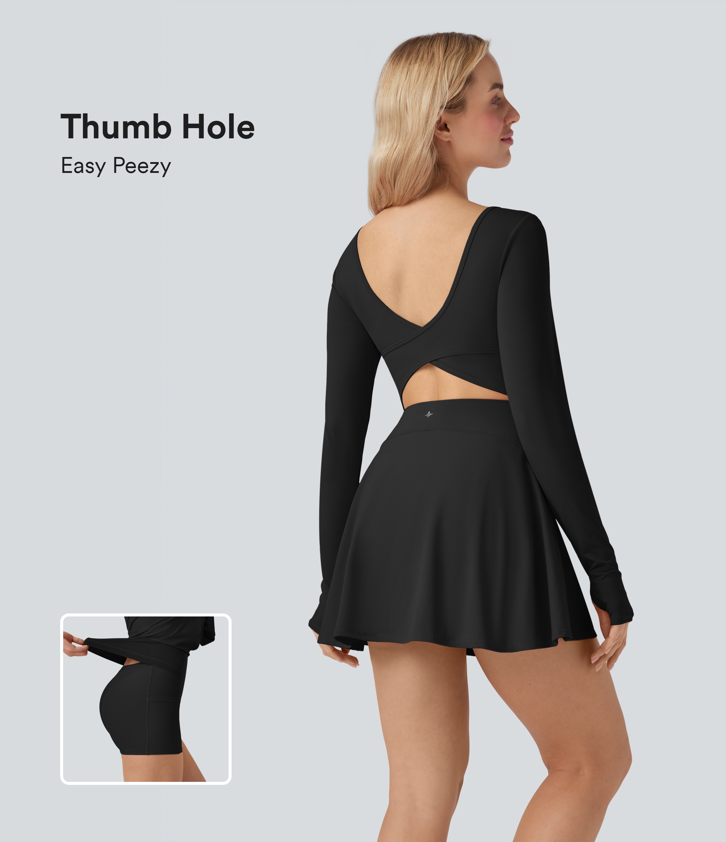 SoftlyZeroAiry U Neck Long Sleeve Thumb Hole 2-in-1 Cool Touch Mini Dance Active Dress with Pockets-Easy Peezy