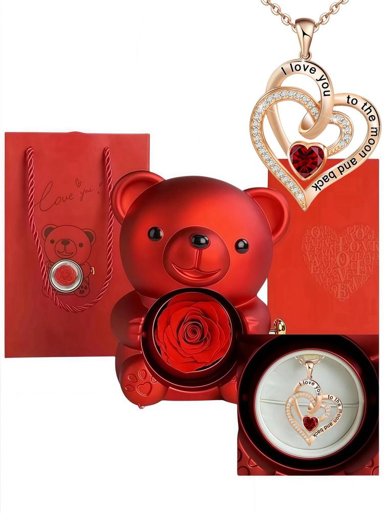 Bear Rose Box with Heart Shaped Necklace, Gift for Women, Fashion Jewelry for Party, Daily Decor, Trendy All-match & Exquisite Jewelry for Birthday Gift