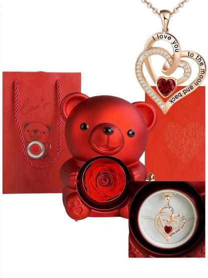 Bear Rose Box with Heart Shaped Necklace, Gift for Women, Fashion Jewelry for Party, Daily Decor, Trendy All-match & Exquisite Jewelry for Birthday Gift