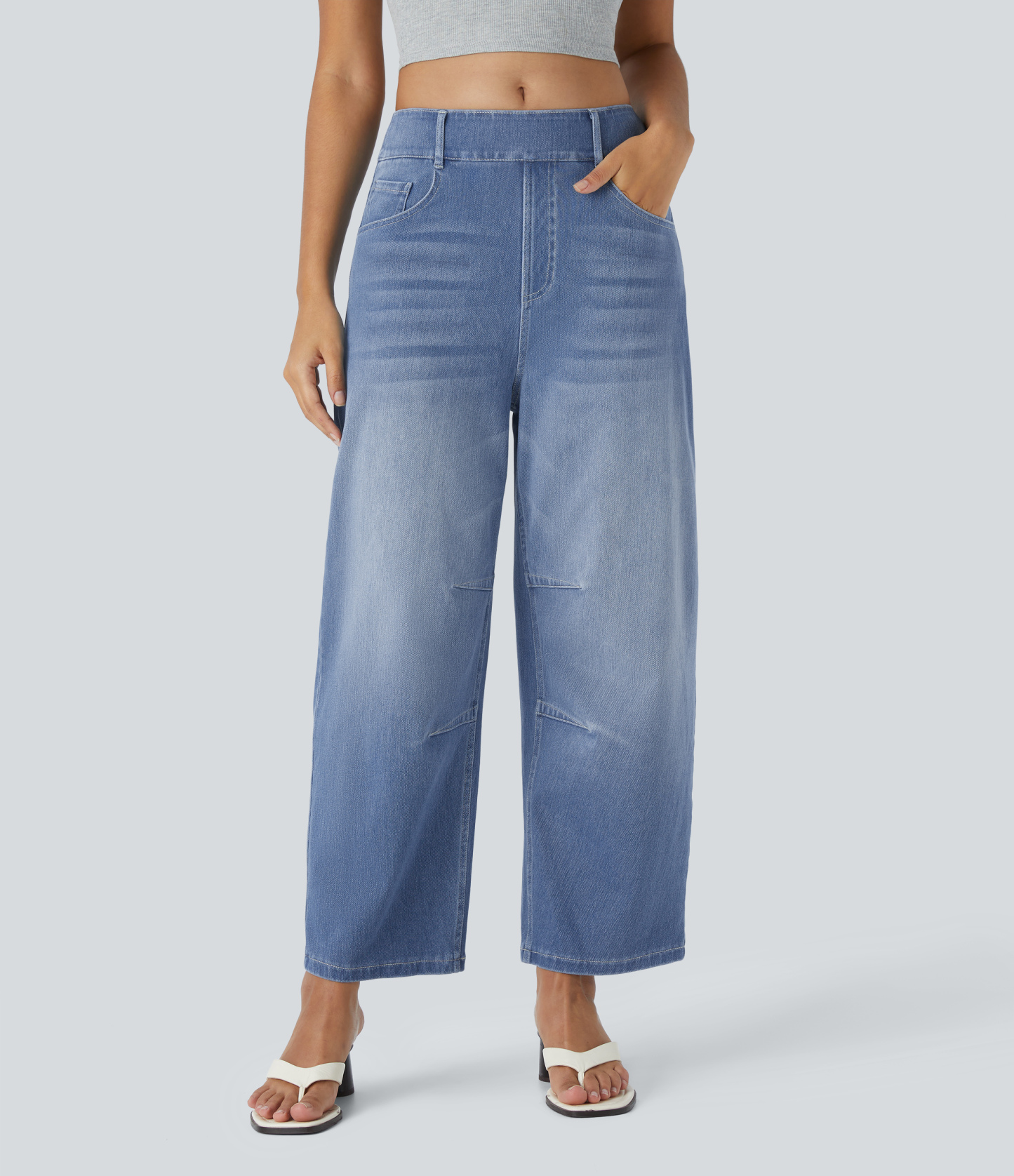 FlexMid Rise Pockets Barrel Leg Casual Jeans