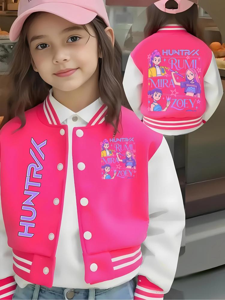 Girls' Halloween Cartoon Print Baseball Jacket, Elastic Fabric, Fitted Design, Perfect for Outdoor & Indoor Activities