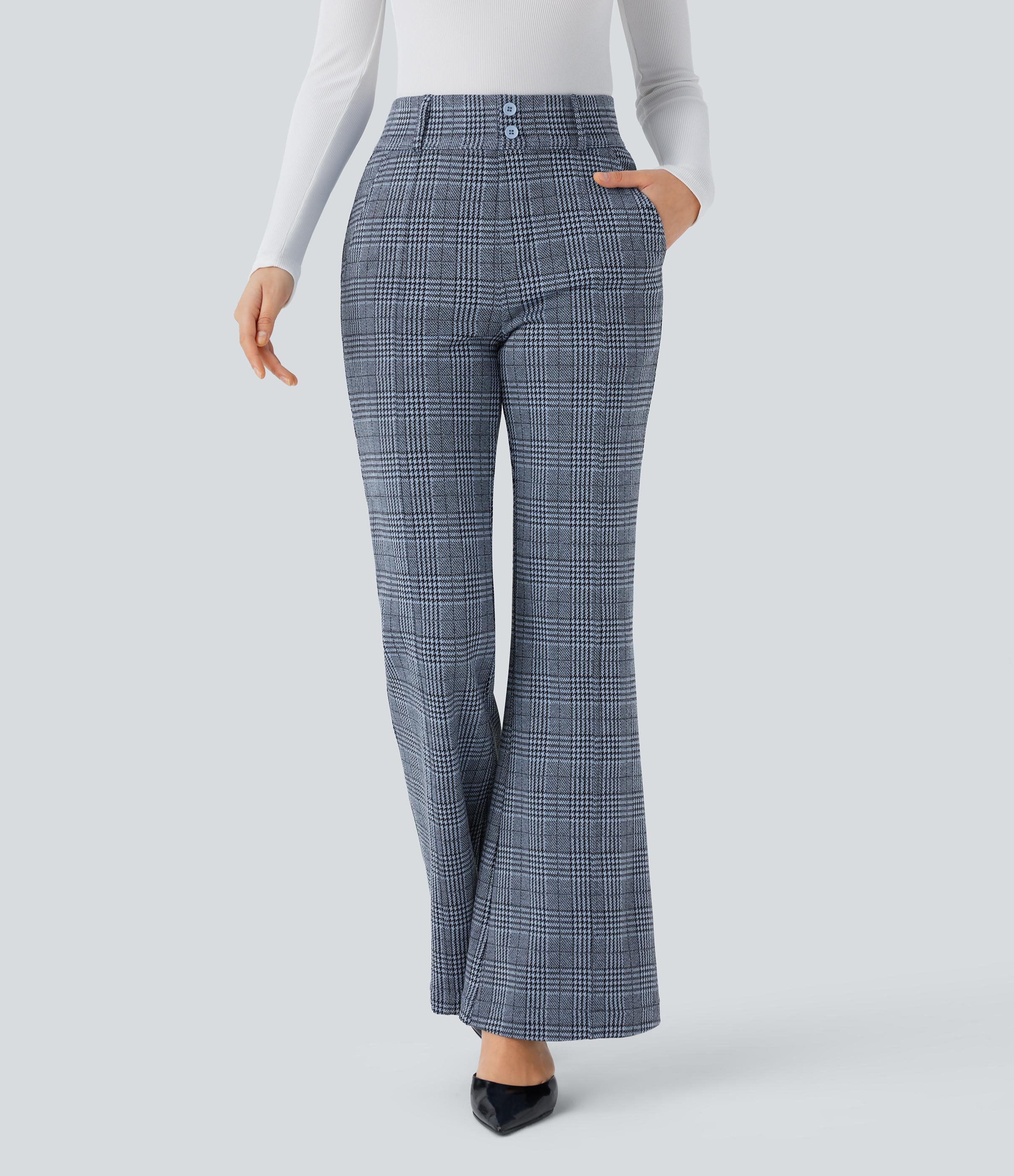 FlexHigh Waisted Decorative Pocket Houndstooth Plaid Work Flare Pants