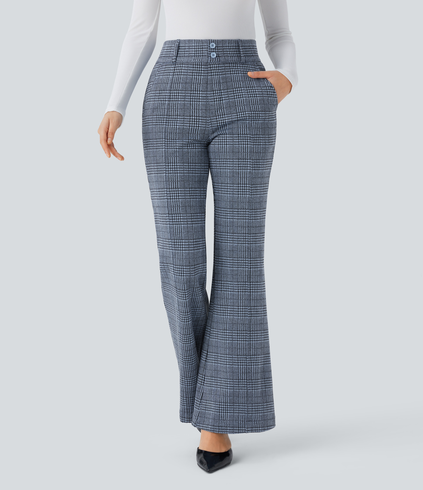 FlexHigh Waisted Decorative Pocket Houndstooth Plaid Work Flare Pants