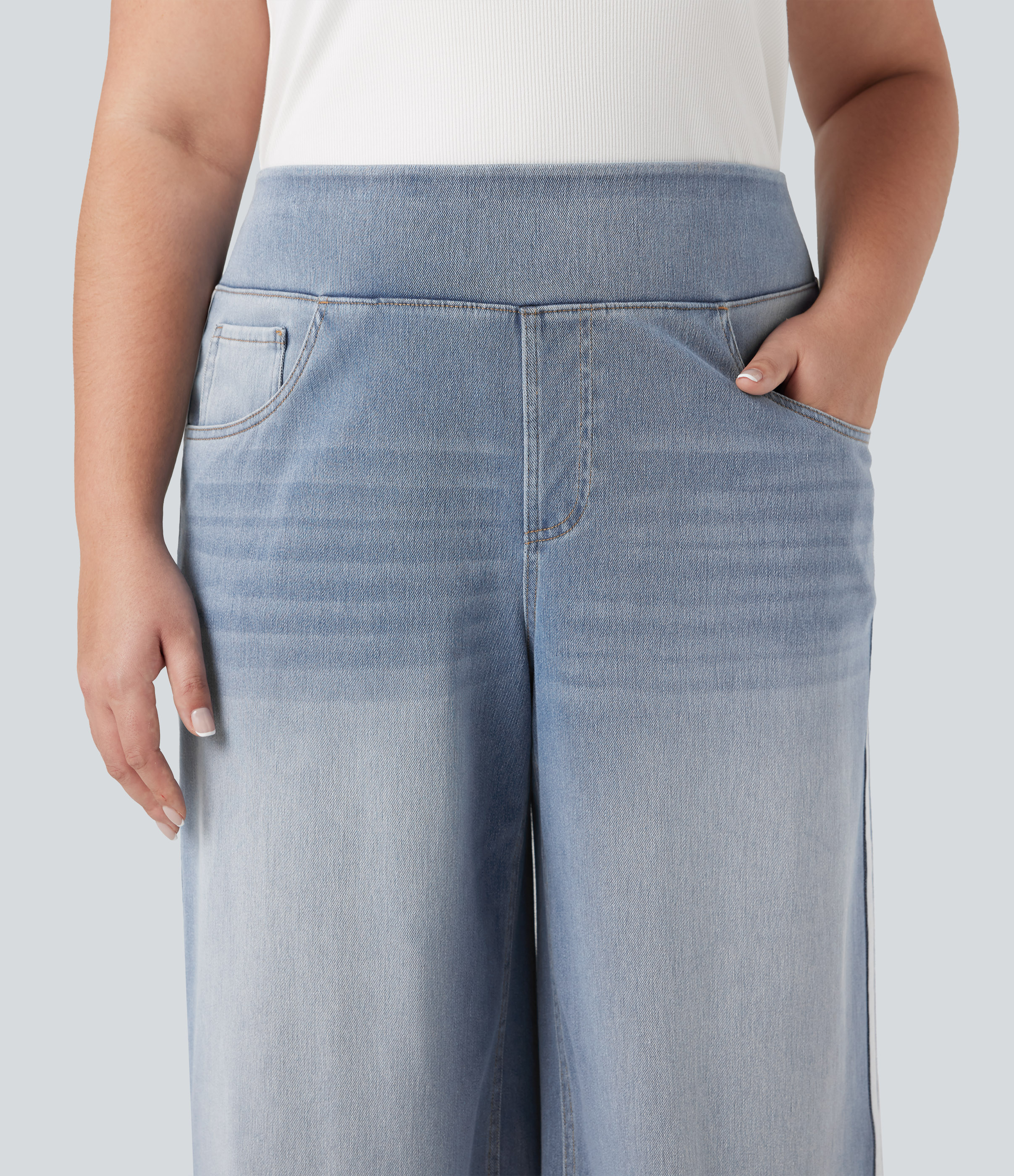 Plus Size FlexHigh Waisted Stripe Wide Leg Flowy Washed Casual Jeans with Pockets