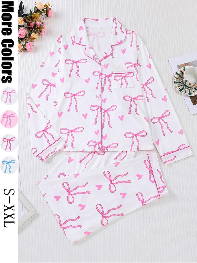Women's 2-Piece Pajama Set, Bowknot Print, Holiday Party Sleepwear, Soft Shirt Collar Top & Elastic Pants, Casual Home Wear