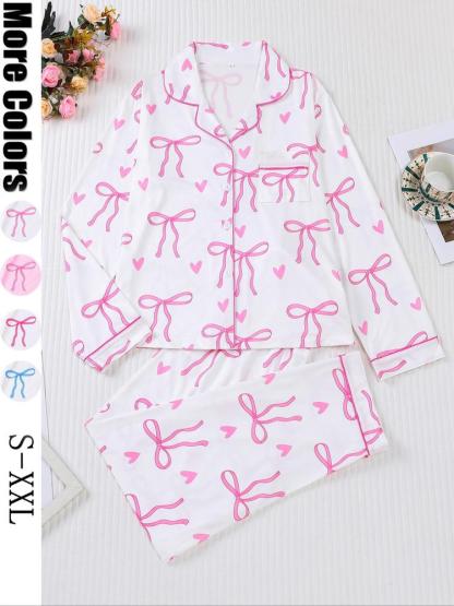 Women's 2-Piece Pajama Set, Bowknot Print, Holiday Party Sleepwear, Soft Shirt Collar Top & Elastic Pants, Casual Home Wear