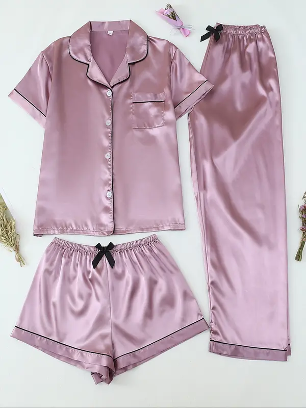 Women's Satin Sleepwear Set, 3-Piece Pajama with Button Front Top & Bow Shorts, Casual Home Wear for Women