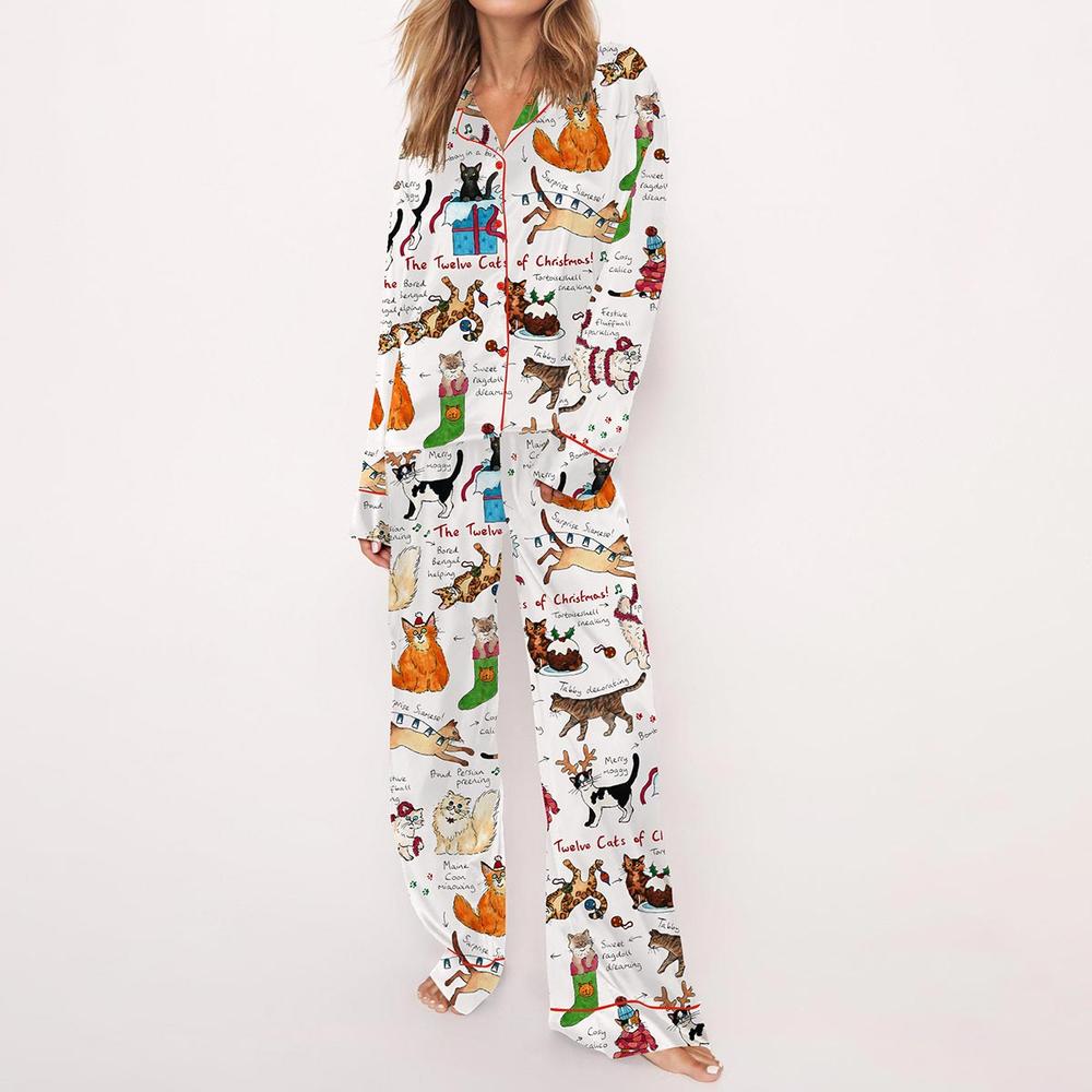 The Twelve Cats Of Christmas Satin Pajama Set For Women Print Comfy Satin Sleepwear & Loungewear Pjs Printing Silky Top & Bottoms - SHESHOW