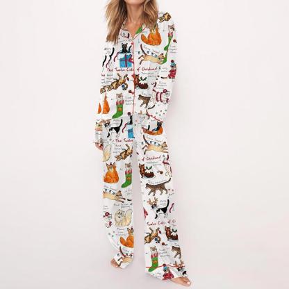 The Twelve Cats Of Christmas Satin Pajama Set For Women Print Comfy Satin Sleepwear & Loungewear Pjs Printing Silky Top & Bottoms - SHESHOW