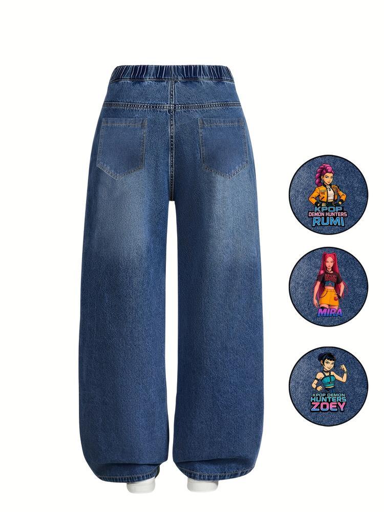 "hunters' Girl" Printed Denim Jeans for Girls, Cute Portrait Design, Trendy Streetwear for Ages 8-12, Perfect for Young Fashionistas