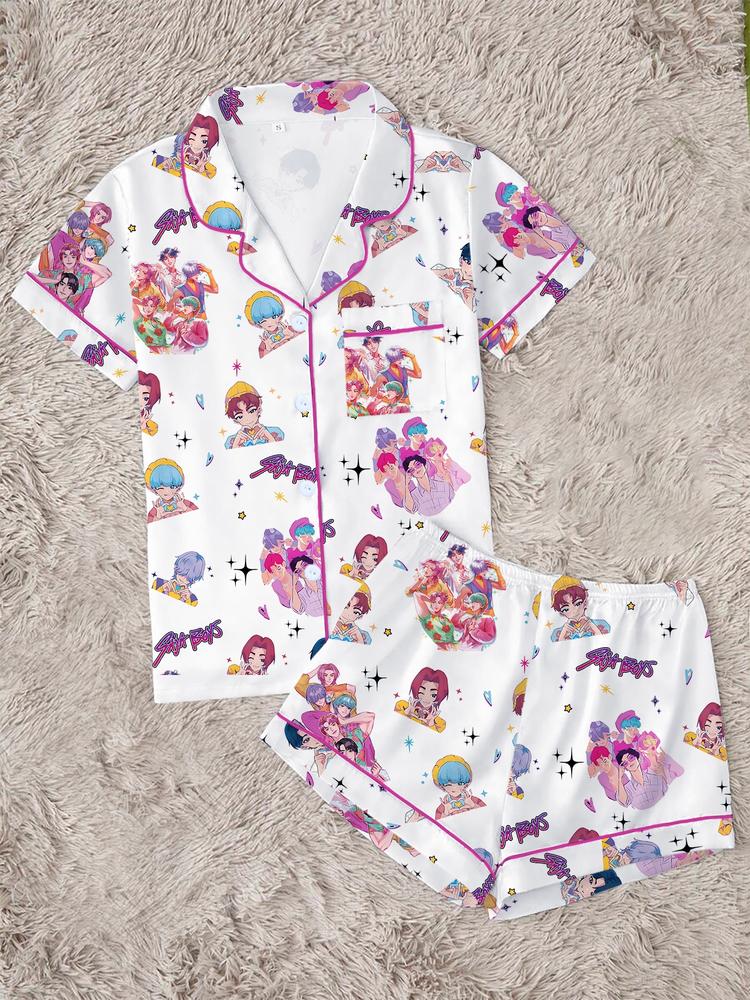 Women's K-Pop Demon Hunter Tiger Pajama Set, Two-Piece Short Sleeve Button-Up Top & Shorts, Comfortable Home Wear, Netflix Fan Gift