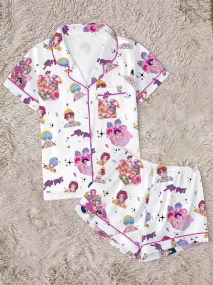 Women's K-Pop Demon Hunter Tiger Pajama Set, Two-Piece Short Sleeve Button-Up Top & Shorts, Comfortable Home Wear, Netflix Fan Gift