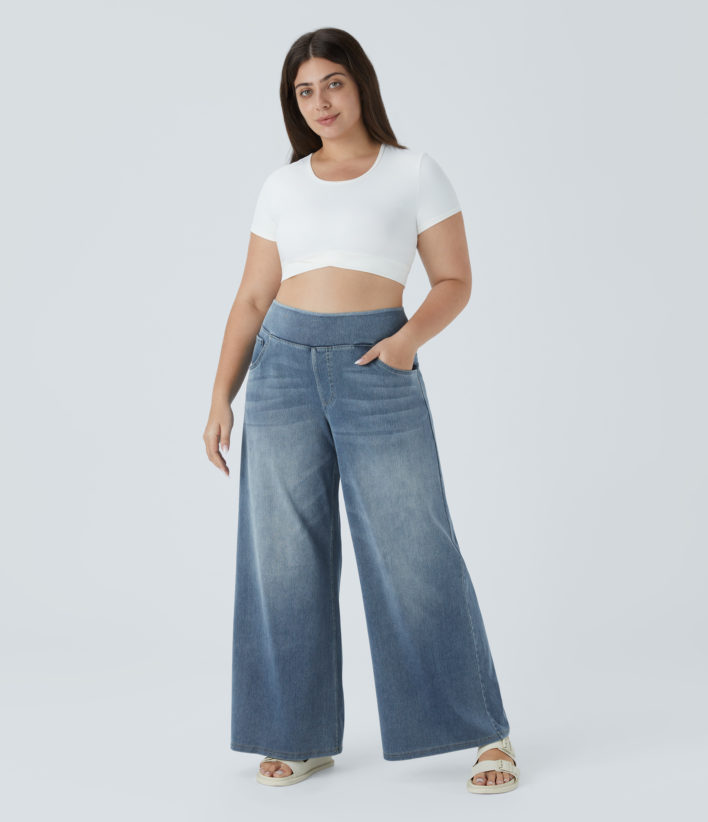 FlexHigh Waisted Pockets Baggy Wide Leg Washed Casual Plus Size Jeans