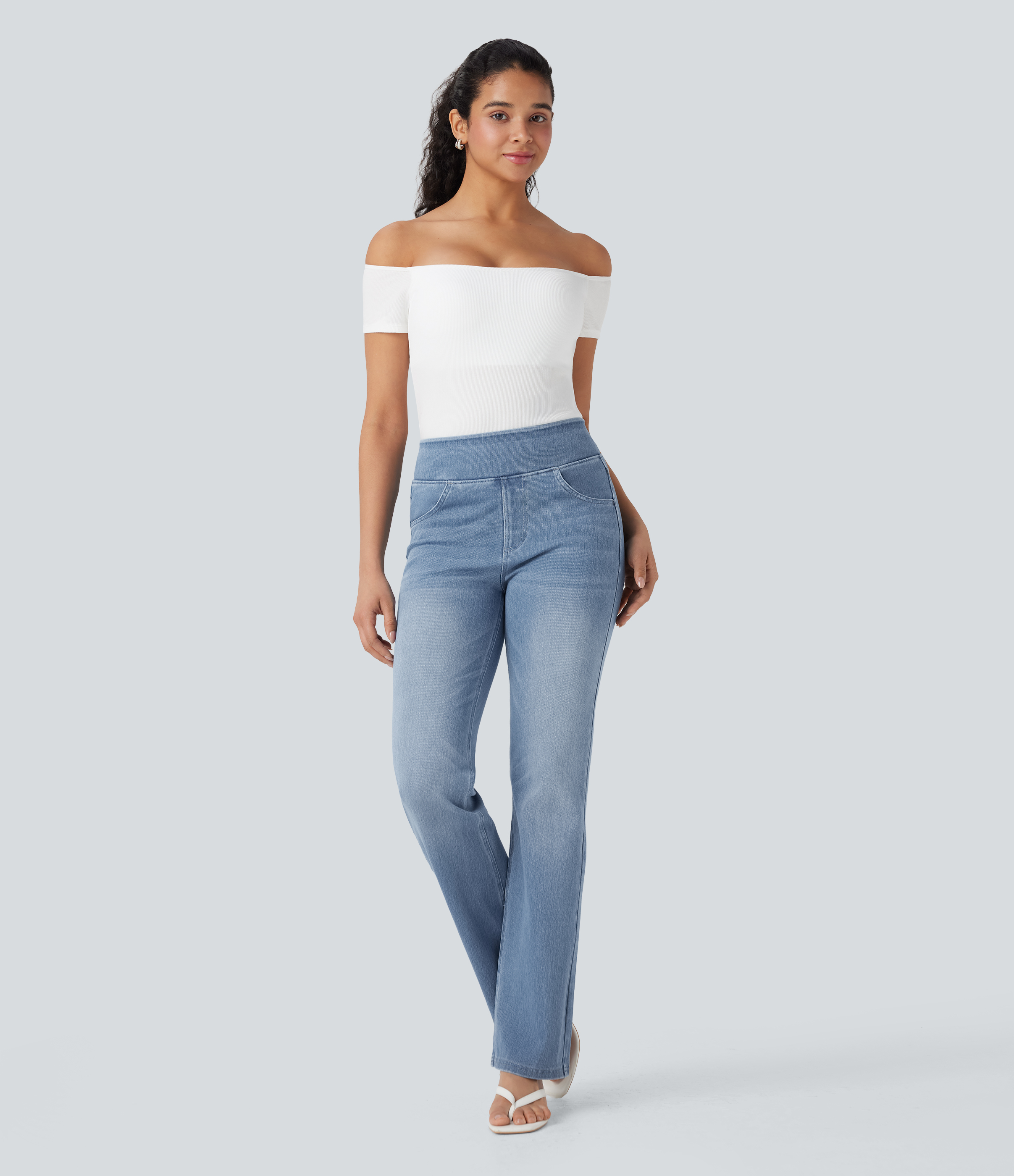 FlexHigh Waisted Washed Casual Bootcut Jeans with Pockets