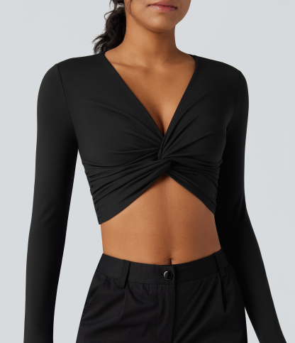 SoftlyZeroPlush Deep V-neck Long Sleeve Twisted Cropped Yoga Sports Top