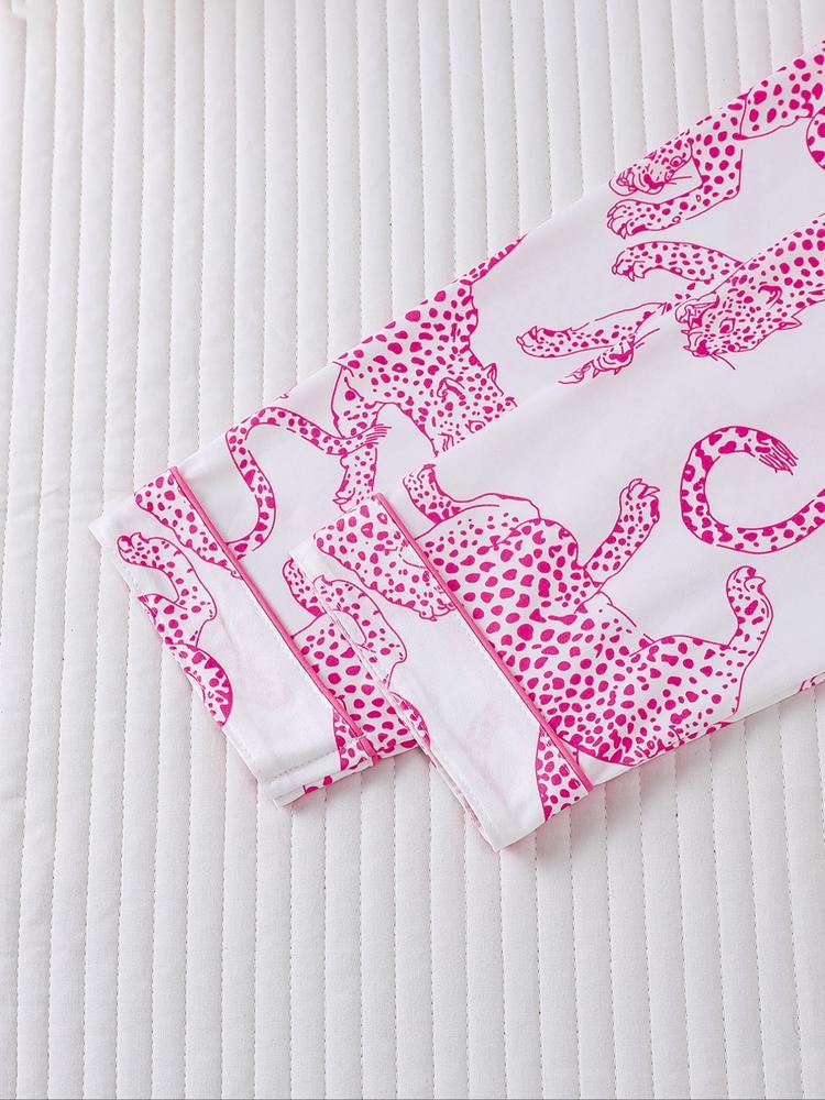 Women's Leopard Print Pajama Set, Casual Fall & Winter Sleepwear, Soft Long Sleeve Shirt and Elastic Pants, Comfortable Home Wear