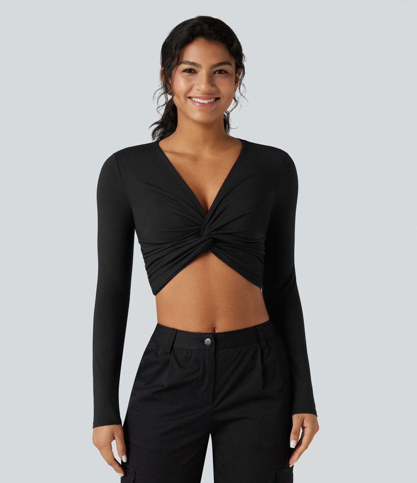 SoftlyZeroPlush Deep V-neck Long Sleeve Twisted Cropped Yoga Sports Top