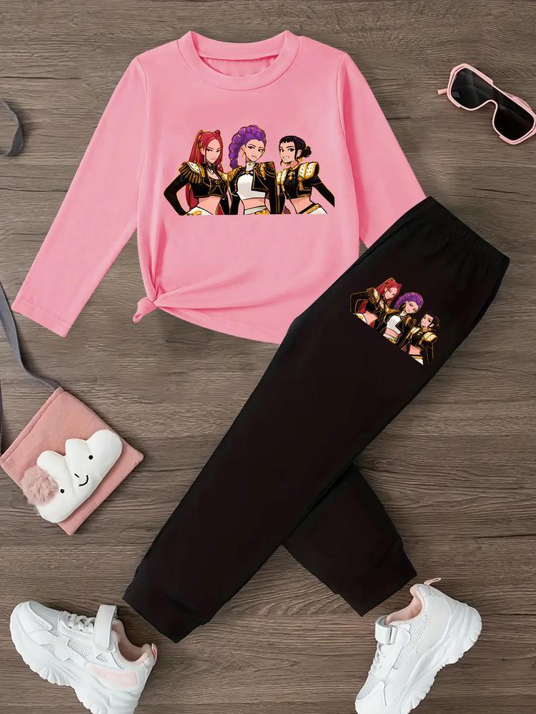 Girls' Kpop Print Long Sleeve T-Shirt & Casual Sweatpants Set, Spring & Fall Fashion, Comfortable Kids Clothing Gift