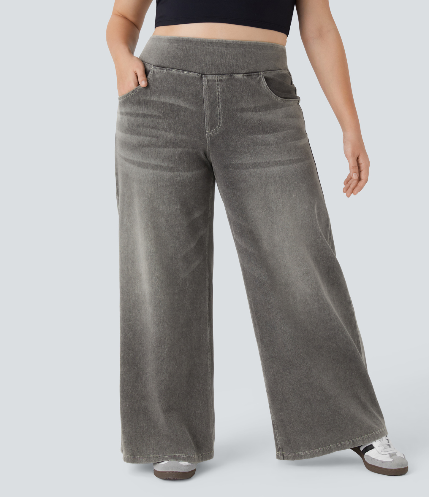 FlexHigh Waisted Pockets Baggy Wide Leg Washed Casual Plus Size Jeans