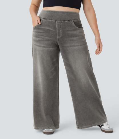 FlexHigh Waisted Pockets Baggy Wide Leg Washed Casual Plus Size Jeans