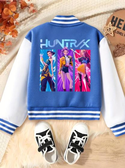 Girls Halloween Christmas Short Baseball Jacket, Casual Sports School Uniform, Elastic Fabric, Youth Fashion, Fall Winter Outerwear