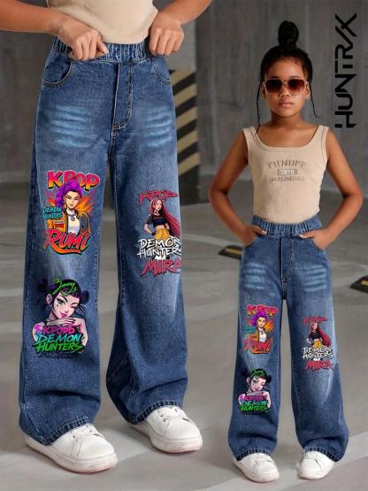 Girls' Graphic Print Jeans, Cartoon Print Pants, Trendy Casual Wear for Ages 8-12, Fitted Denim Jeans for Fall & Winter, Youth Fashion Clothing