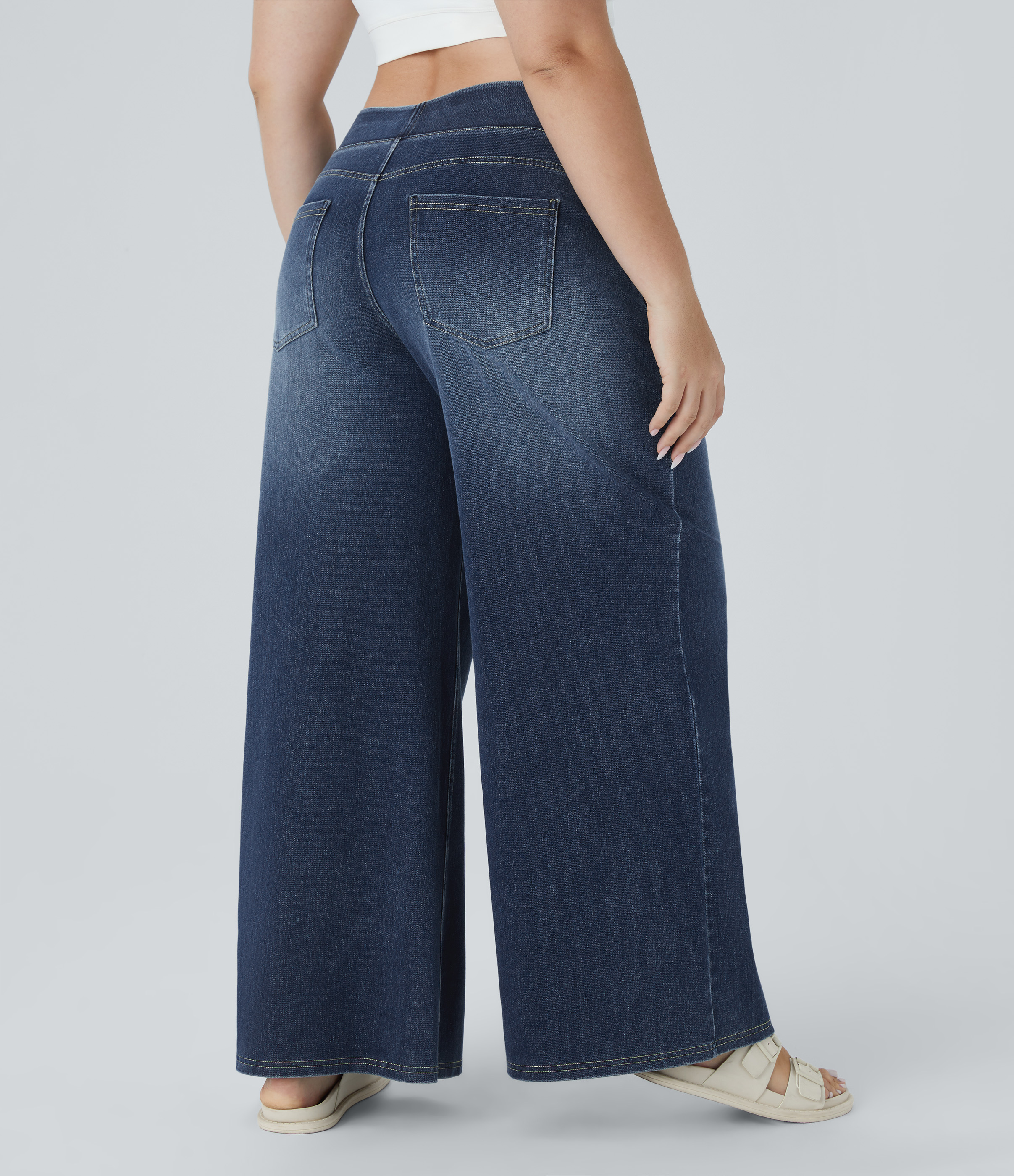 FlexHigh Waisted Pockets Baggy Wide Leg Washed Casual Plus Size Jeans