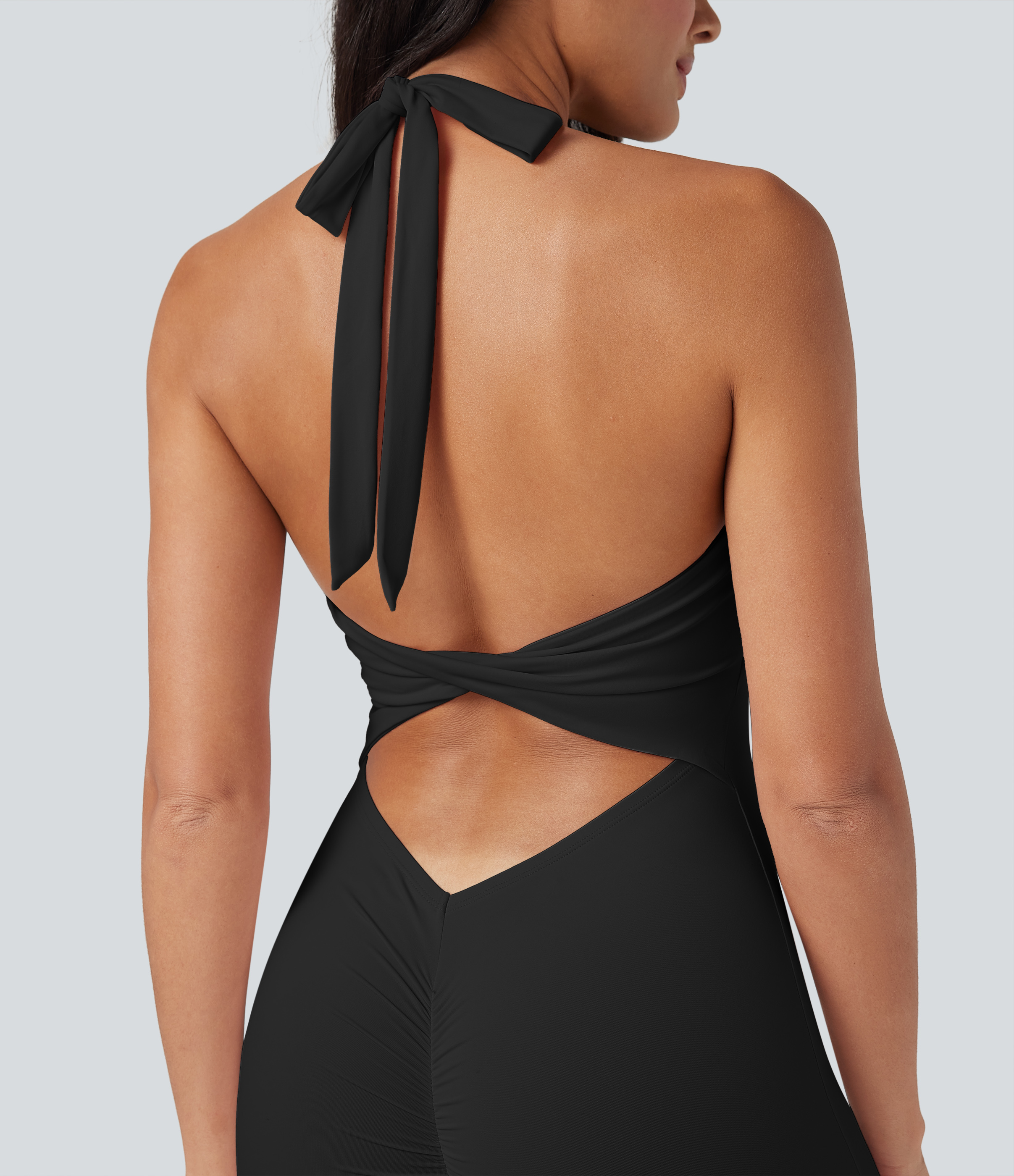 SoftlyZeroAiry Halter Tie Back Cut-out Scrunch Yoga Skinny Jumpsuit