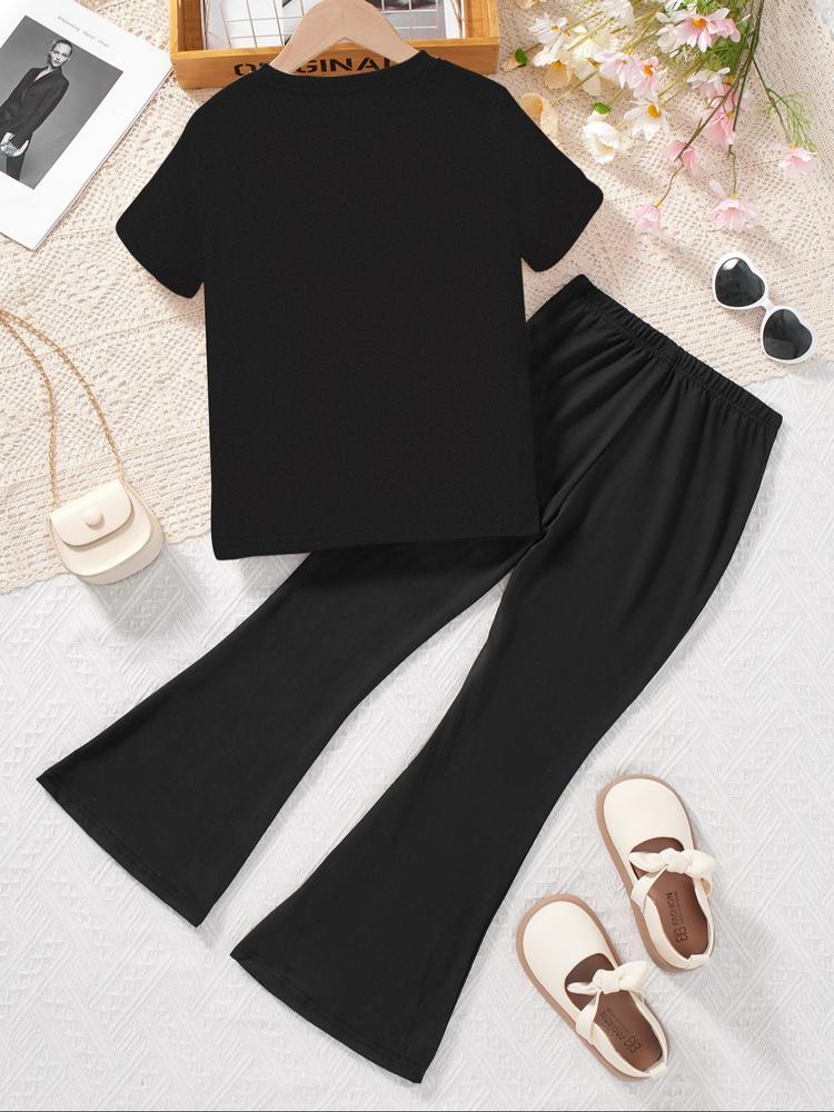 Girls' Kpop-Hunter Girl Print 2-Piece Set, Casual Sporty Short Sleeve Top and Bell Bottom Pants, Comfortable Elastic Waist, Spring Summer