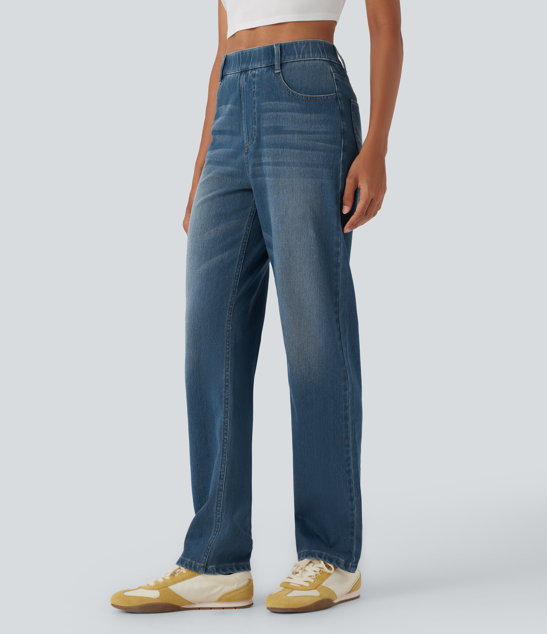 FlexHigh Waisted Pockets Straight Leg Washed Casual Jeans