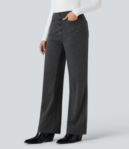 FlexHigh Waisted Houndstooth Straight Leg Work Pants with Pockets