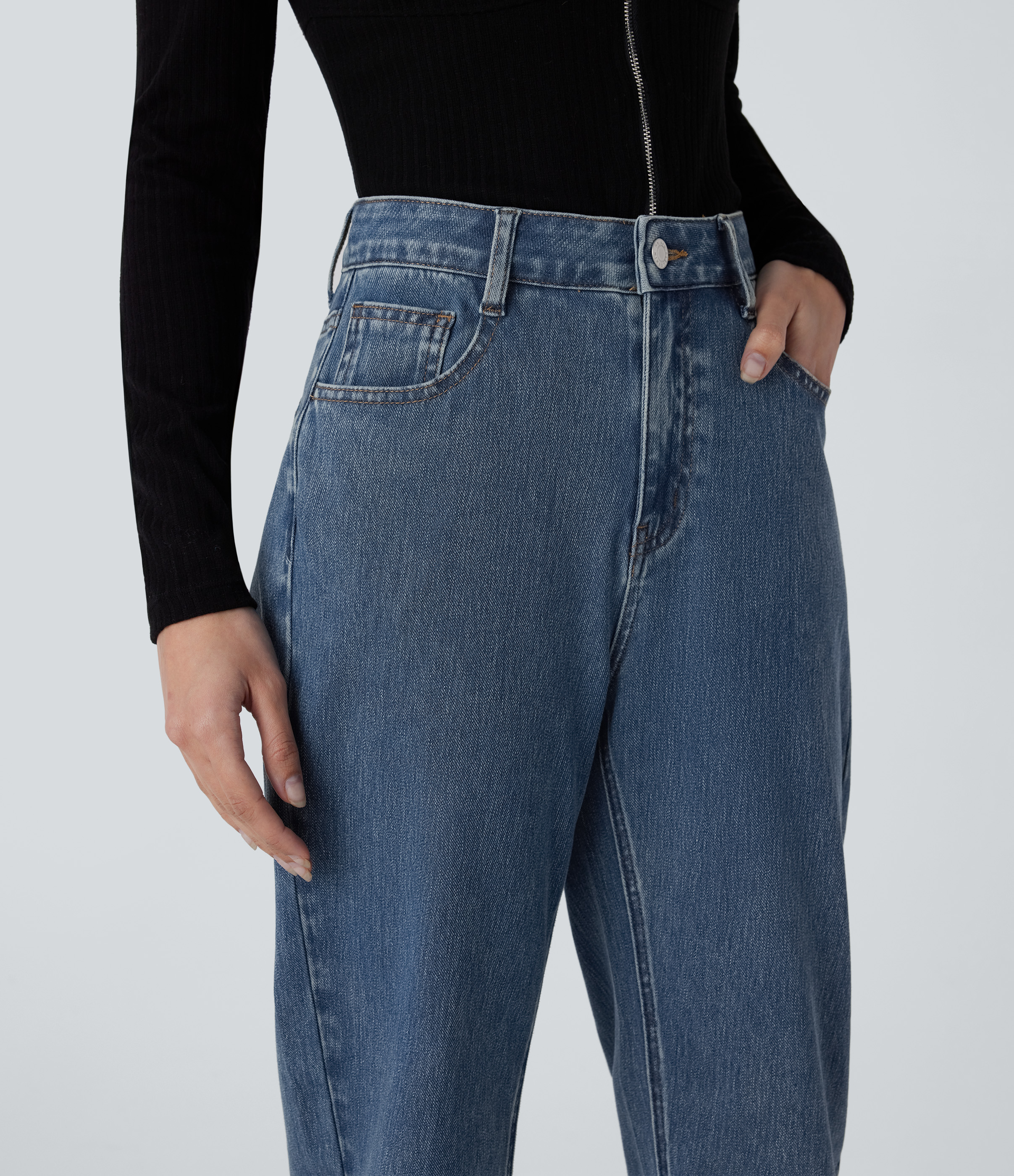 FlexHigh Waisted Zipper Pockets Straight Leg Casual Jeans