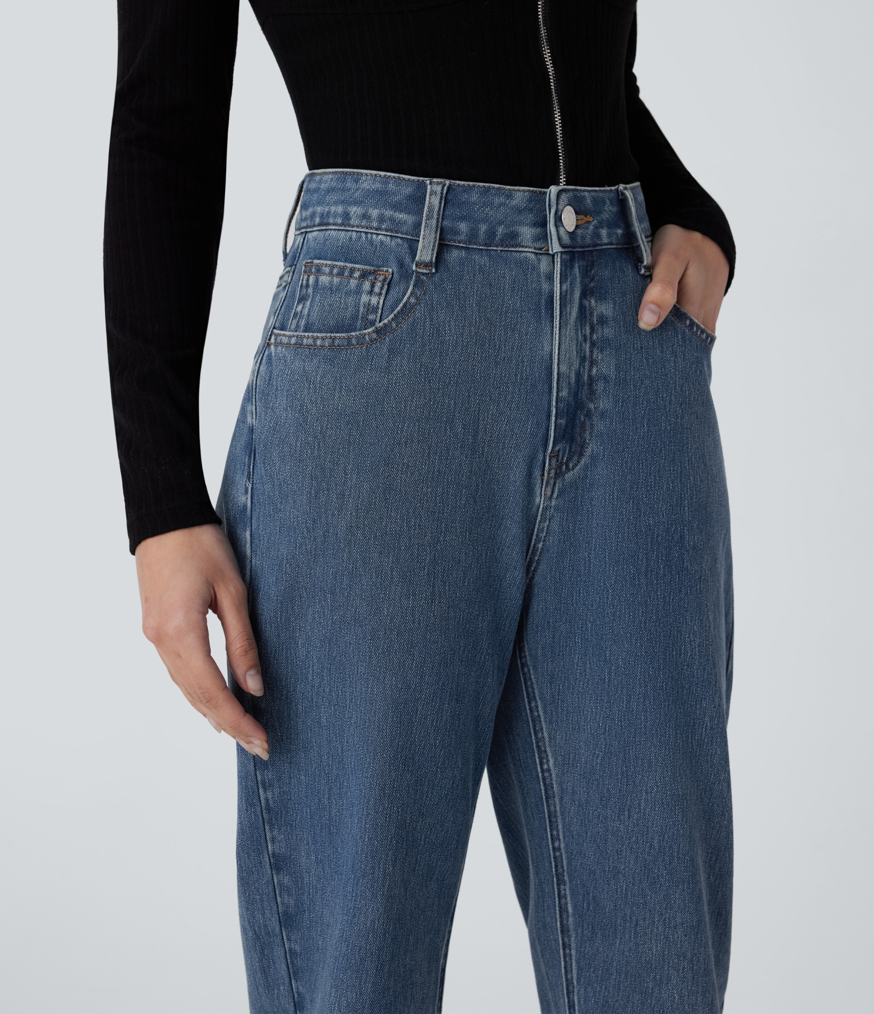 FlexHigh Waisted Zipper Pockets Straight Leg Casual Jeans