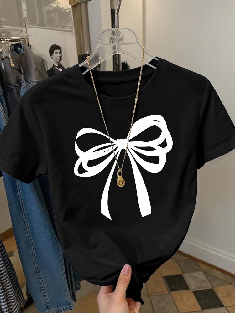 Girls Summer Fashion Bow Tie Print Short Sleeve T-Shirt, Casual Outdoor Wear, Comfortable Fit, Moderate Fabric, Perfect for Summer Activities, Cute bow tshirt